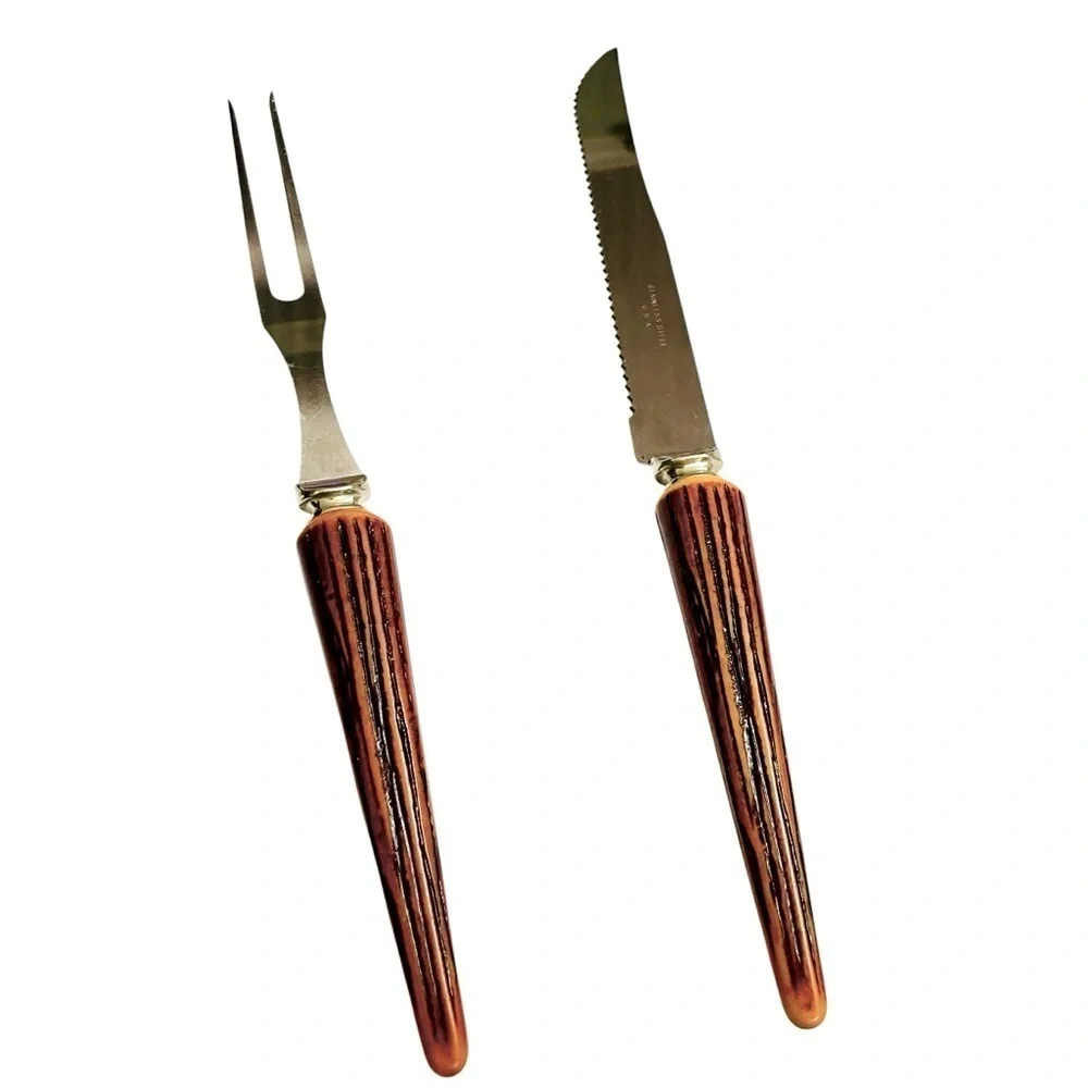 Vtg Carving 70s Fork Knife Set Faux Wood Textured Handle Stainless Steel USA